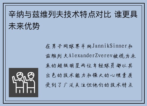 辛纳与兹维列夫技术特点对比 谁更具未来优势 辛纳与兹维列夫技术特点对比 谁更具未来优势